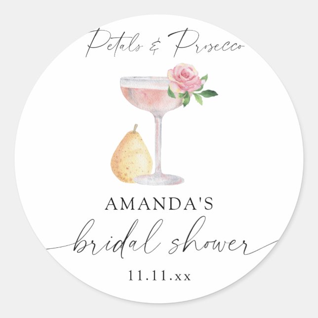 Pegatina Redonda Petales y Prosecco - ducha de novia (Anverso)