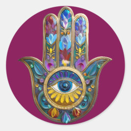 Pegatina Redonda Pétalos Coloridos Hojas Hamsa Zafiro Tercer Ojo