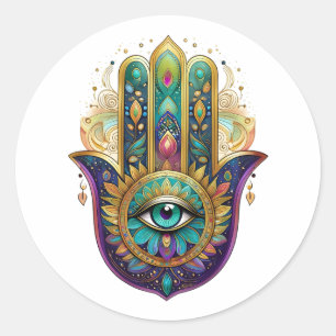 Pegatina Redonda Pétalos de Oro Verde Violeta Hamsa Turquesa Tercer
