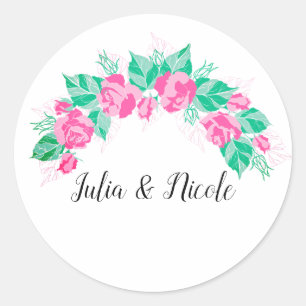 Pegatina Redonda Pétalos de rosa verde rosa Flores Jardín Boda