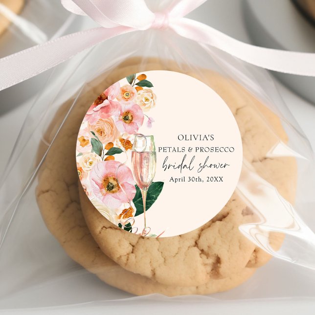 Pegatina Redonda Pétalos florales rosados y ducha de novia Prosecco (Subido por el creador)
