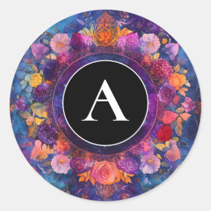 Pegatina Redonda Pétalos vivos Diseño de mandala floral