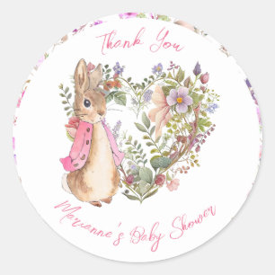 Pegatina Redonda Peter el Chica floral rosado de conejo Baby Shower