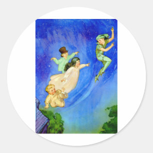 PEGATINA REDONDA PETER PAN, WENDY, JOHN Y MICHAEL VOLAN FUERA