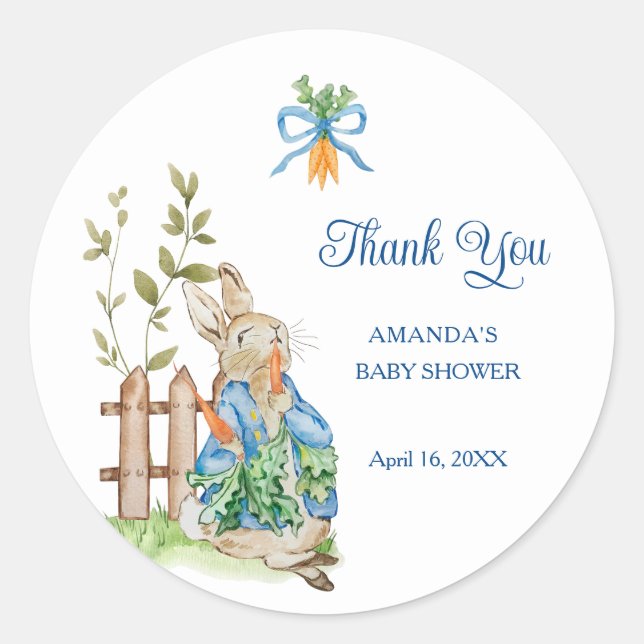 Pegatina Redonda Peter Rabbit Baby Shower Thank You (Anverso)