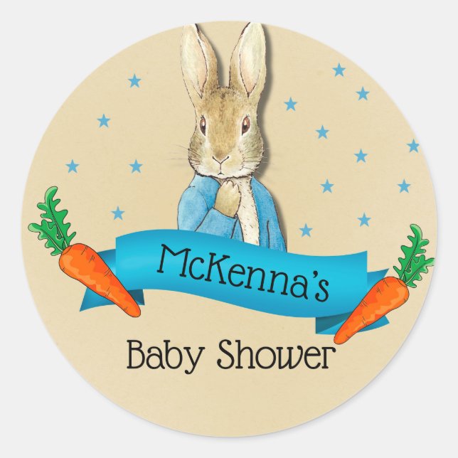 Pegatina Redonda Peter Rabbit Carrots y Stars Boy Baby Shower (Anverso)