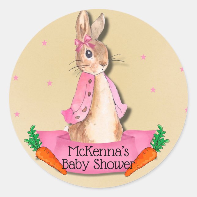 Pegatina Redonda Peter Rabbit Flopsy Chica Rosado Baby Shower (Anverso)