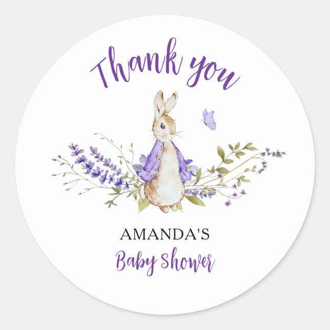 Pegatina Redonda Peter Rabbit Purple Baby Shower (Anverso)