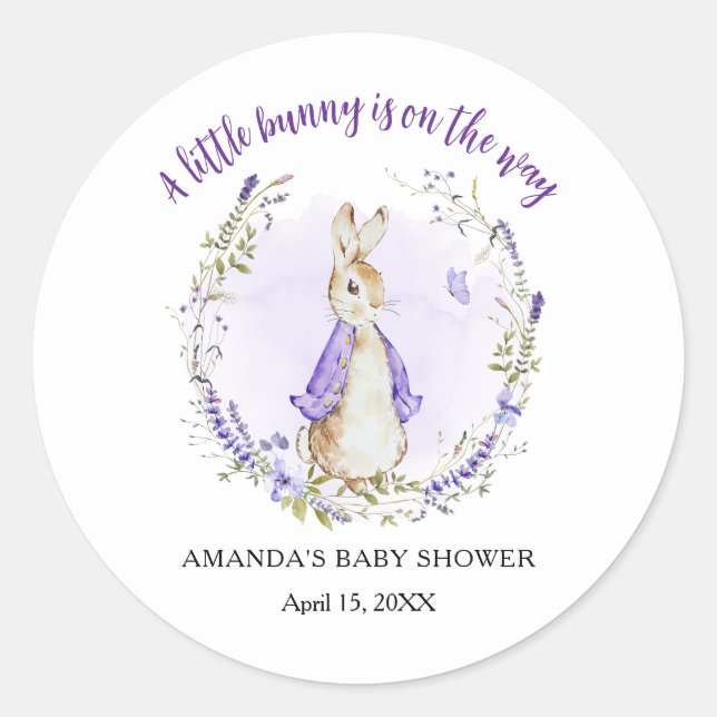 Pegatina Redonda Peter Rabbit Purple Baby Shower (Anverso)