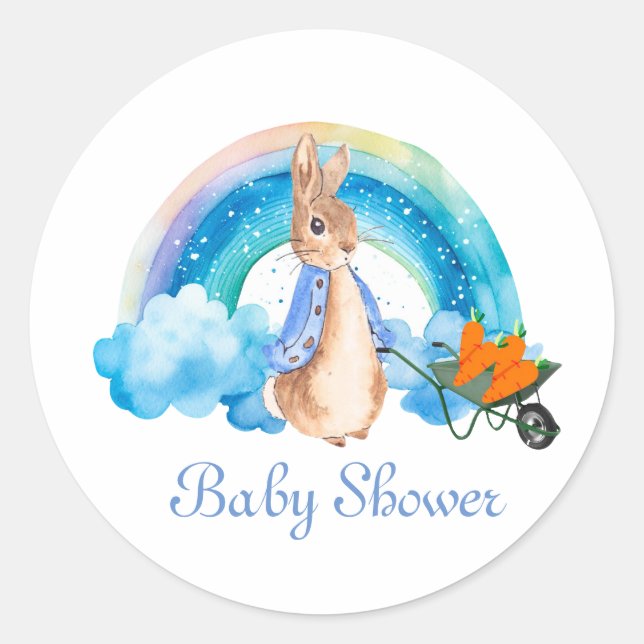 Pegatina Redonda Peter Rabbit Rainbow Carrods Boy Baby Shower (Anverso)
