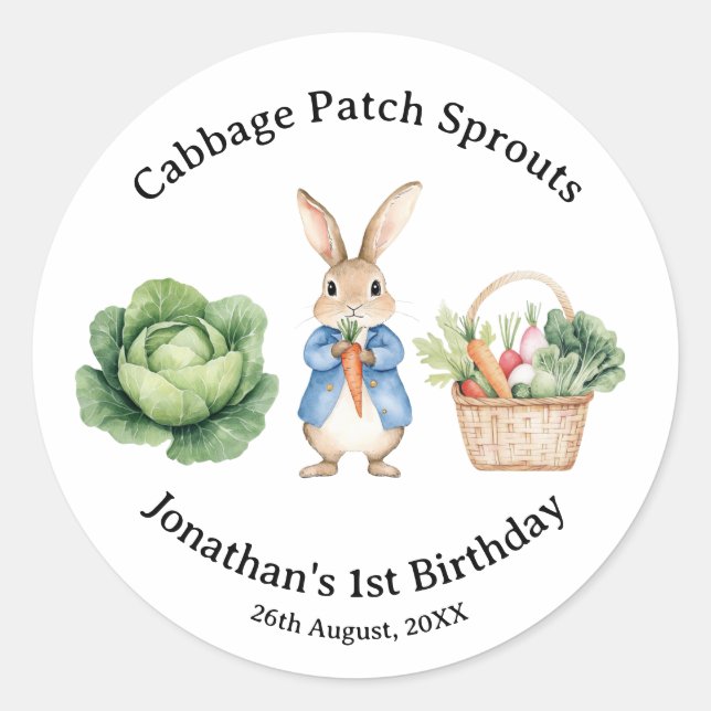 Pegatina Redonda Peter Rabbit Veggie Basket Baby Shower Favor (Anverso)