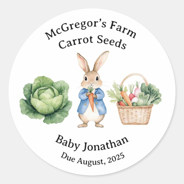 Pegatina Redonda Peter Rabbit Veggie Basket Baby Shower Favor (Anverso)