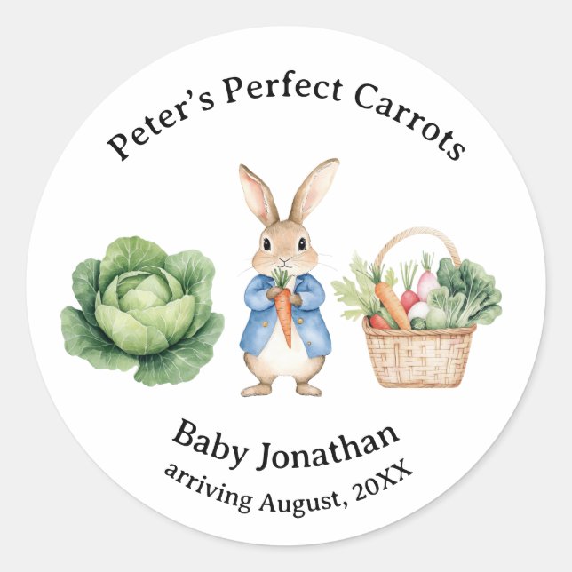 Pegatina Redonda Peter Rabbit Veggie Basket Baby Shower Favor (Anverso)