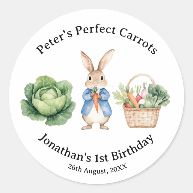 Pegatina Redonda Peter Rabbit Veggie Basket Baby Shower Favor (Anverso)