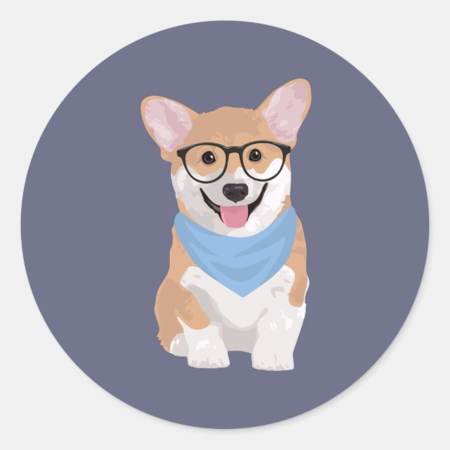 Pegatina Redonda Peter The Cute Hipster Blue Bandana Corgi Puppy (Anverso)