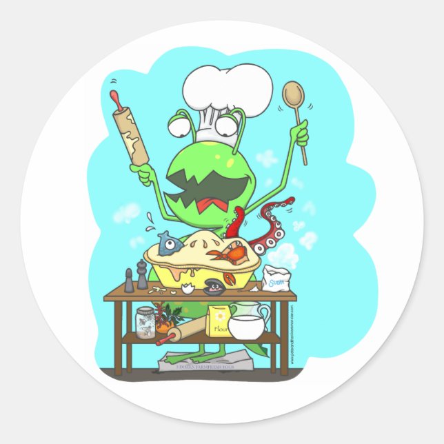 Pegatina Redonda Peter y el monstruo del clóset, horneando (Anverso)