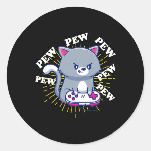 Pegatina Redonda Pew Pew Cute Cat Gamset Auricular Gatos Gamer 1