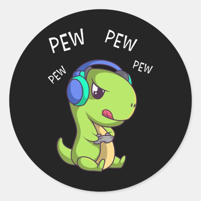 Pegatina Redonda Pew Pew Cute T-rex Dinosaur Video Gamaming 1 (Anverso)