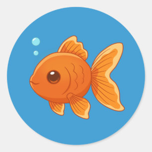 Pegatina Redonda Pez dorado de dibujos animados lindos sobre azul