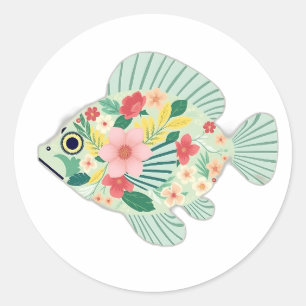Pegatina Redonda Pez Globo Art Déco con Patrones Florales Tropicale
