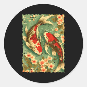 Pegatina Redonda Pez Koi Japonés Flores de Cerezo Sakura Arte Hombr
