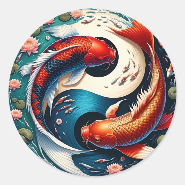 Pegatina Redonda Pez Koi Japonés Yin Yang (Anverso)