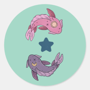 Pegatina Redonda Pez Koi Sol y Luna Arte Celestial de Piscis