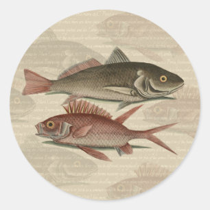 Pegatina Redonda Pez Lubina Roja Pescador Arte