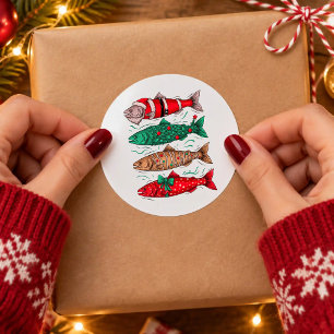 Pegatina Redonda Pez Navidad Santa Trucha Árbol Pan de Jengibre Pes