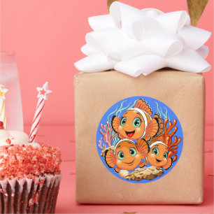 Pegatina Redonda Pez payaso Dibujo animado lindo Familia Subacuátic