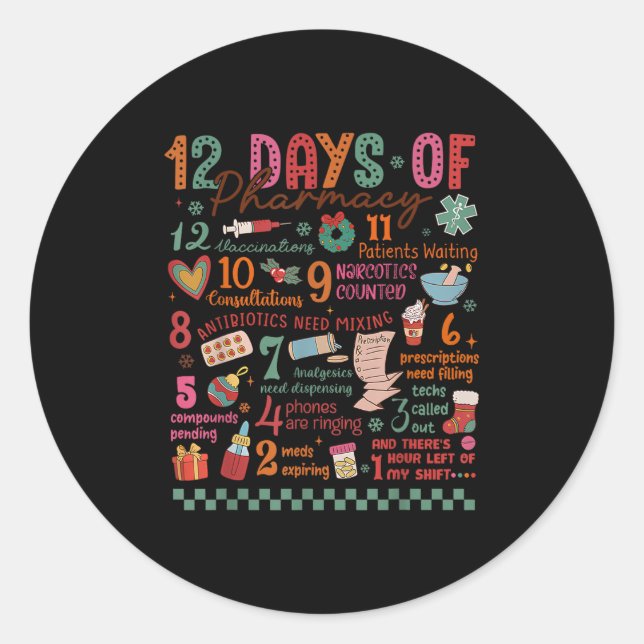 Pegatina Redonda Pharmacy Christmas Shirt - 12 Days Of Pharmacy Tec (Anverso)