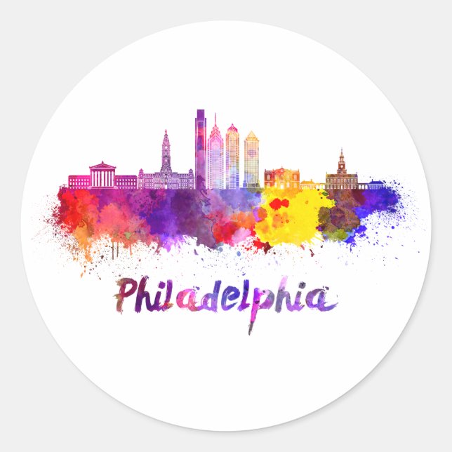 Pegatina Redonda Philadelphia V2 skyline in watercolor (Anverso)