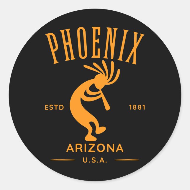 Pegatina Redonda Phoenix Arizona Dancing Kokopelli Design (Anverso)