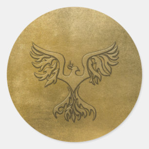 Pegatina Redonda Phoenix Bird Gold Grabado en relieve