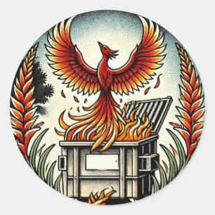 Pegatina Redonda Phoenix Rising de las cenizas de Fuego de Dumpster