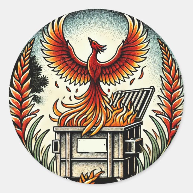 Pegatina Redonda Phoenix Rising from the Dumpster Fire Ashes        (Anverso)