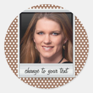 Pegatina Redonda photoframe en el polkadot blanco y marrón