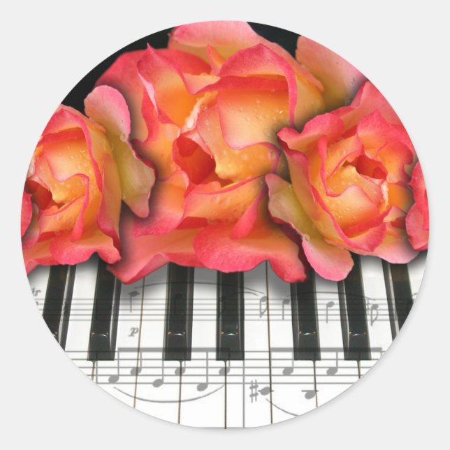 Pegatina Redonda Piano Keyboard Rosas y Music Notes (Anverso)