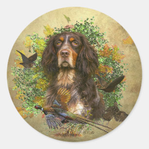 Pegatina Redonda Picardía Spaniel, temporada de caza