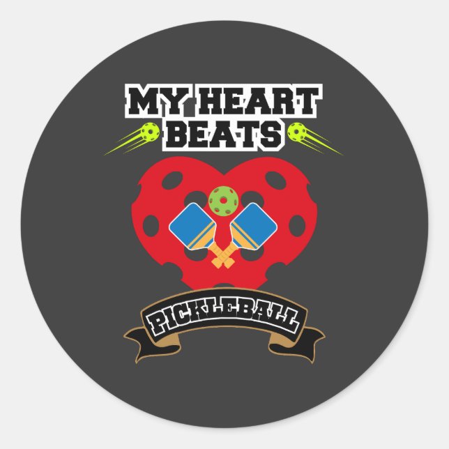 Pegatina Redonda Pickleball Heart Paddle Ball Passion Sport Love (Anverso)