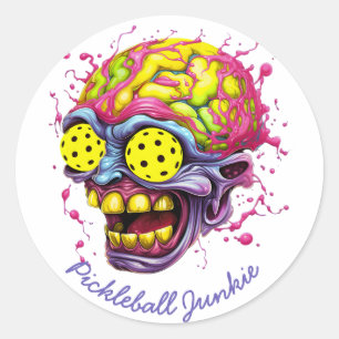 Pegatina Redonda Pickleball Junkie - divertido pickleball blanco