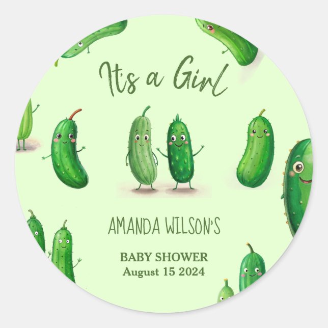 Pegatina Redonda Pickles Cucumber Green Whimsical Baby Shower (Anverso)
