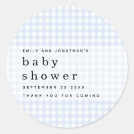 Pegatina Redonda Picnic Baby Shower Names Blue Gingham