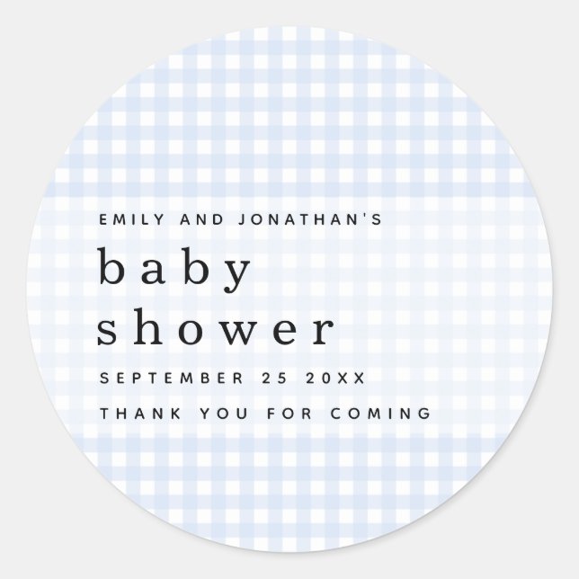 Pegatina Redonda Picnic Baby Shower Names Blue Gingham (Anverso)