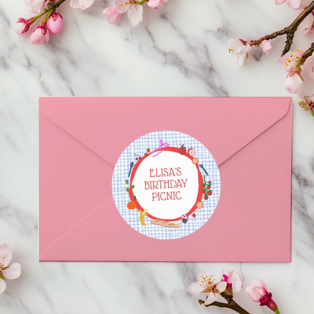 Pegatina Redonda Pícnic de cuadros moderno lindo FESTEJO DE CUMPLEA (Gingham Picnic Modern Cute CUSTOM BIRTHDAY PARTY Classic Round Sticker
)