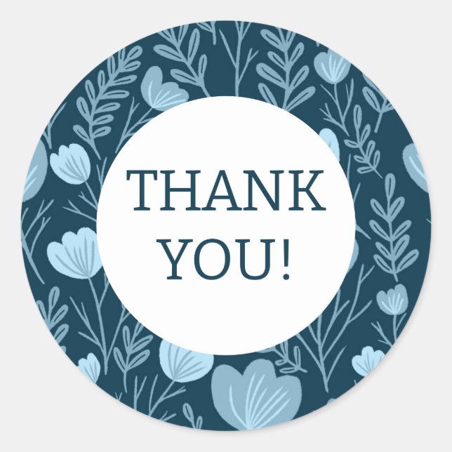 Pegatina Redonda Pida GRACIAS Personalizado Flores Azules (Anverso)