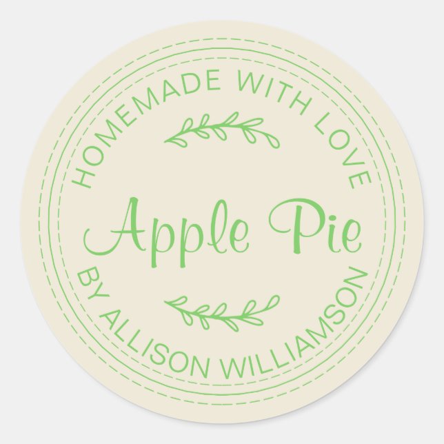Pegatina Redonda Pie de Apple casero rústico con un guión verde mel (Anverso)