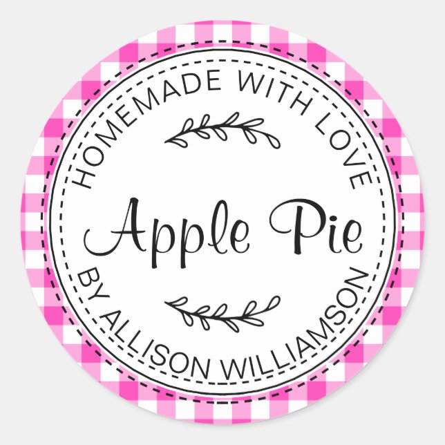 Pegatina Redonda Pie de Apple casero rústico Neon Pink Check (Anverso)