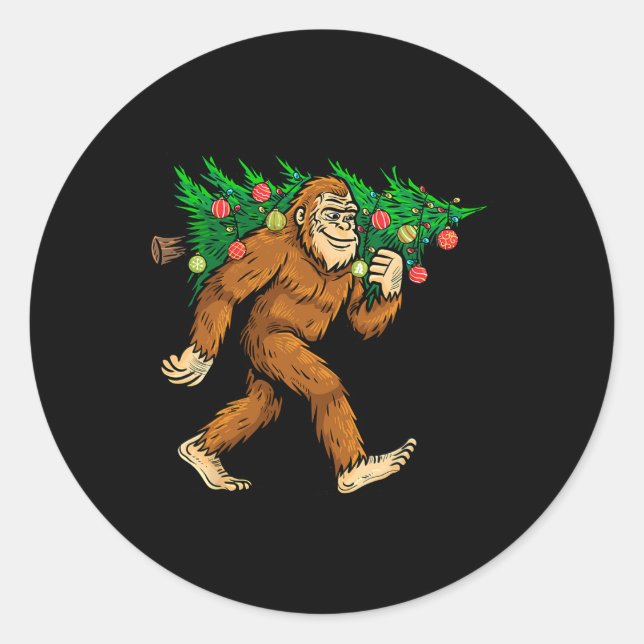 Pegatina Redonda Pie grande con árbol de navidad Sasquatch Creyente (Anverso)
