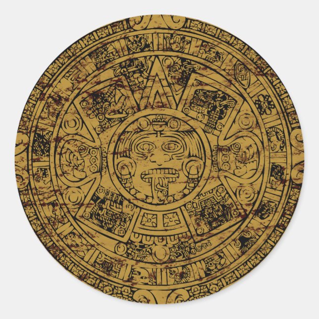 Pegatina Redonda Piedra de Calendario Sol Azteca Viejo (Anverso)